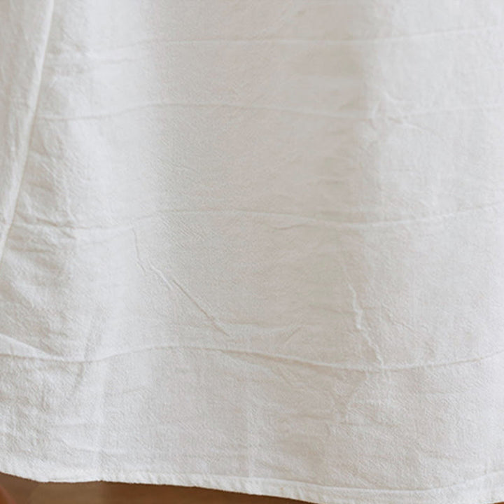 Robe mi-longue décontractée en coton et lin avec motif floral brodé Buddha Stones, col en V, manches trois-quarts - image 7