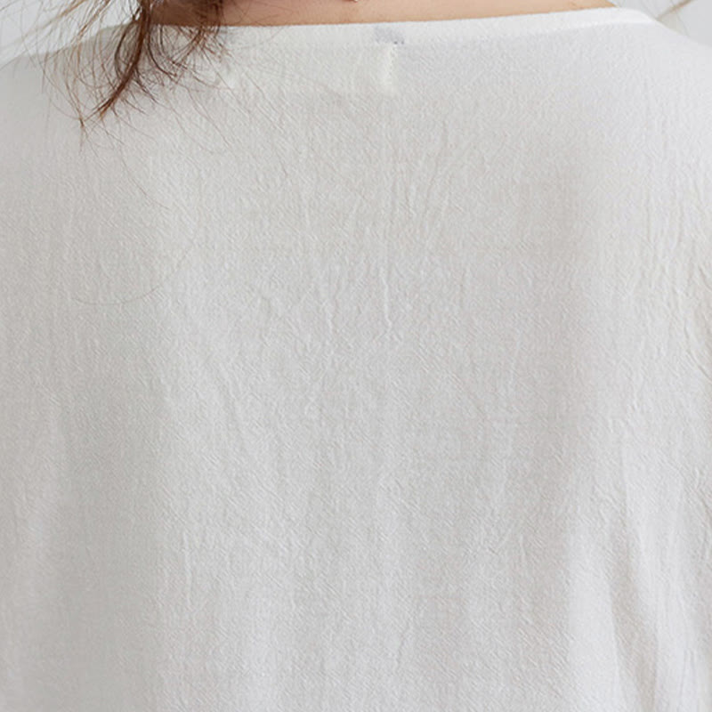 Robe mi-longue décontractée en coton et lin avec motif floral brodé Buddha Stones, col en V, manches trois-quarts - image 6