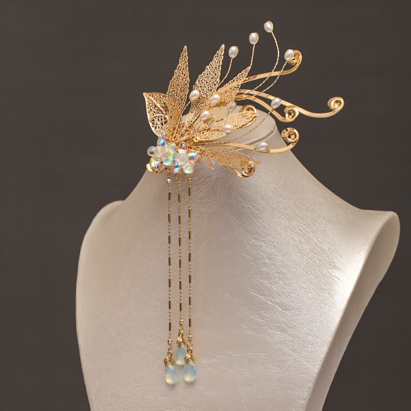 Pince à cheveux traditionnelle chinoise en forme de fleur et feuille d'or Buddha Stones