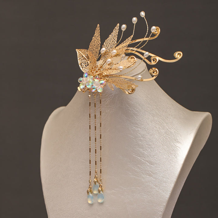 Pince à cheveux traditionnelle chinoise en forme de fleur et feuille d'or Buddha Stones