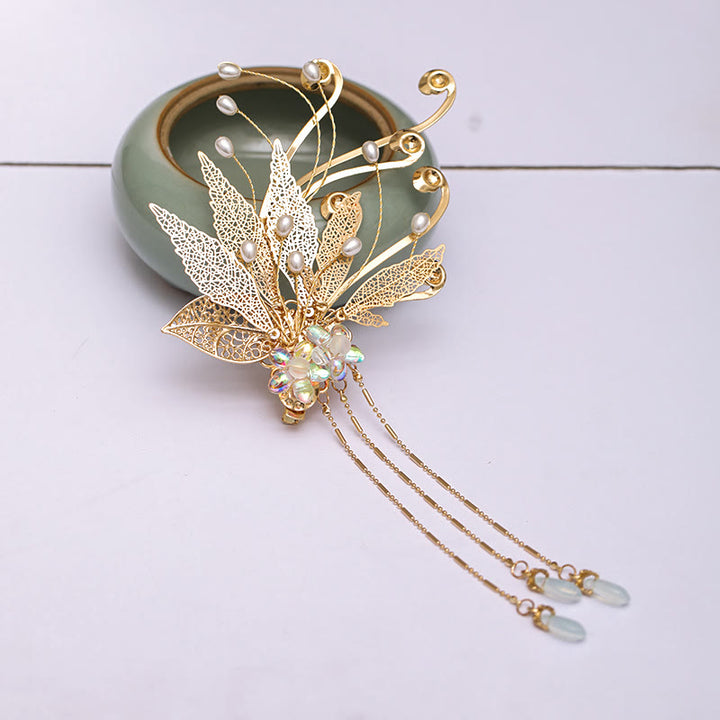 Pince à cheveux traditionnelle chinoise en forme de fleur et feuille d'or Buddha Stones