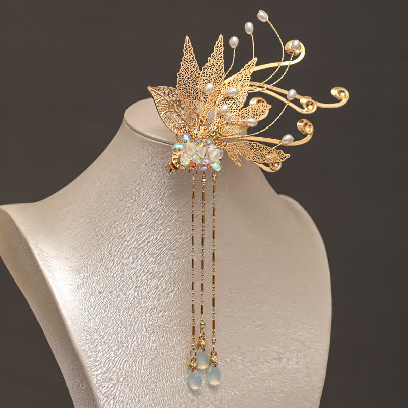 Pince à cheveux traditionnelle chinoise en forme de fleur et feuille d'or Buddha Stones