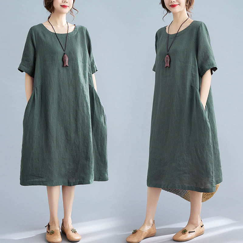 Robe mi-longue décontractée en coton et lin, couleur unie , col ras du cou, manches mi-longues, avec poches - image 0