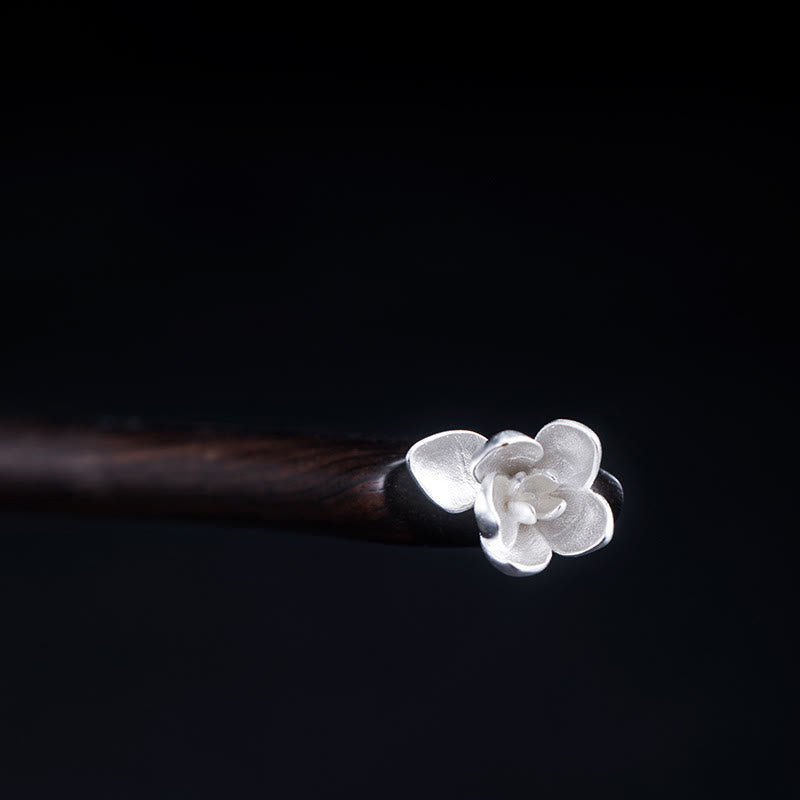 Épingle à cheveux en argent sterling 925 avec Buddha Stones et fleur de magnolia en ébène classique