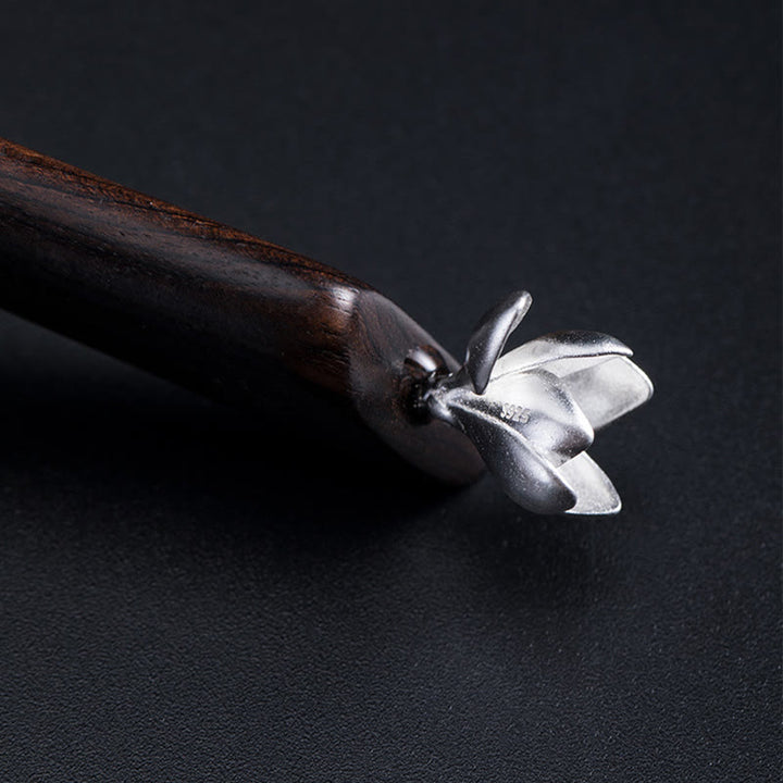 Épingle à cheveux en argent sterling 925 avec Buddha Stones et fleur de magnolia en ébène classique