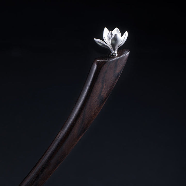 Épingle à cheveux en argent sterling 925 avec Buddha Stones et fleur de magnolia en ébène classique