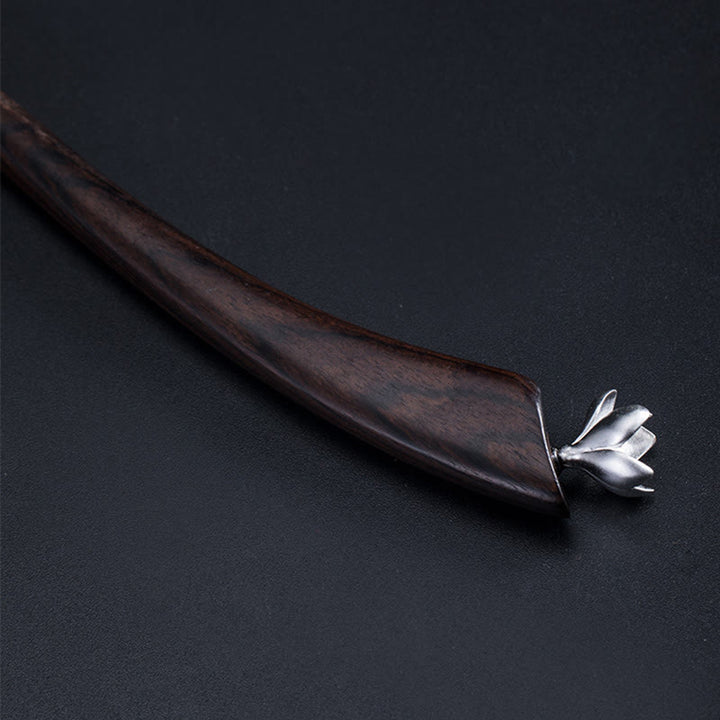 Épingle à cheveux en argent sterling 925 avec Buddha Stones et fleur de magnolia en ébène classique