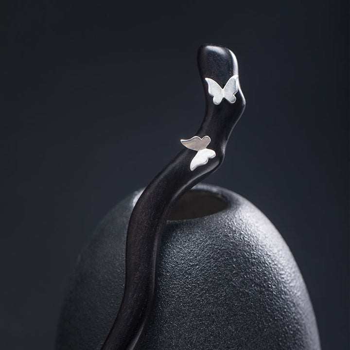 Épingle à cheveux en forme de papillon en ébène de style chinois classique en argent sterling 925 Buddha Stones