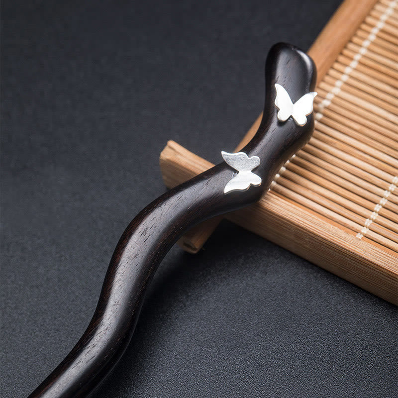 Épingle à cheveux en forme de papillon en ébène de style chinois classique en argent sterling 925 Buddha Stones