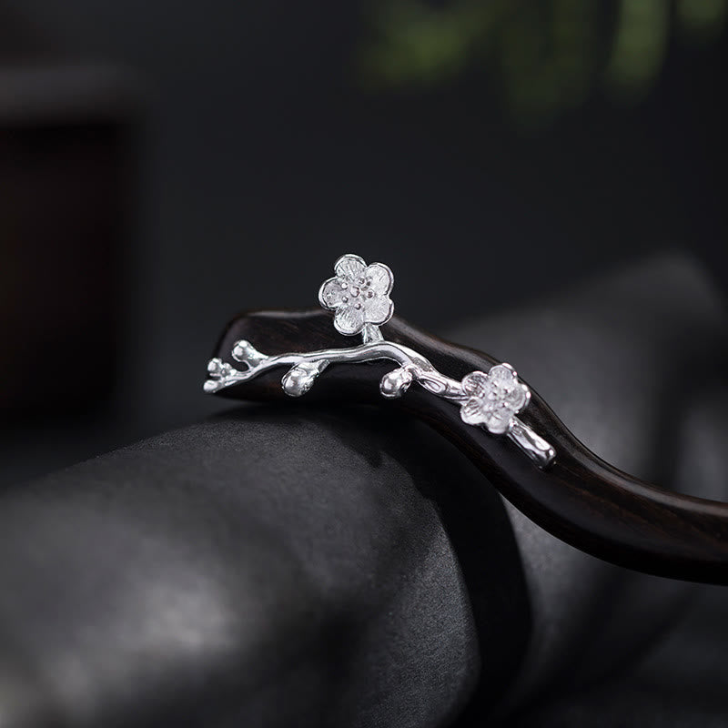 Épingle à cheveux en argent sterling 925 avec Buddha Stones , style chinois classique, en ébène, fleur de prunier, bénédiction