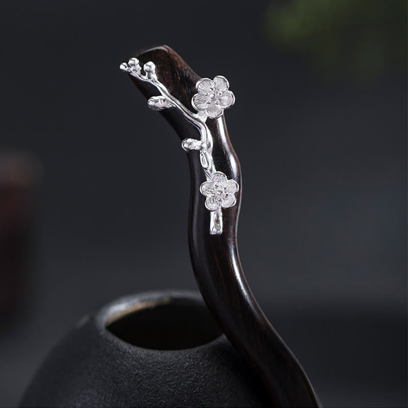 Épingle à cheveux en argent sterling 925 avec Buddha Stones , style chinois classique, en ébène, fleur de prunier, bénédiction - image 1