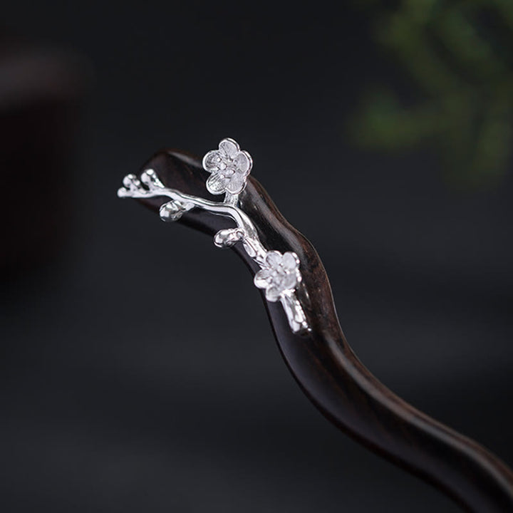 Épingle à cheveux en argent sterling 925 avec Buddha Stones , style chinois classique, en ébène, fleur de prunier, bénédiction - image 4
