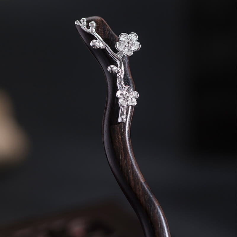 Épingle à cheveux en argent sterling 925 avec Buddha Stones , style chinois classique, en ébène, fleur de prunier, bénédiction