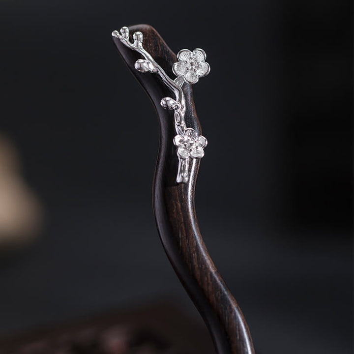 Épingle à cheveux en argent sterling 925 avec Buddha Stones , style chinois classique, en ébène, fleur de prunier, bénédiction