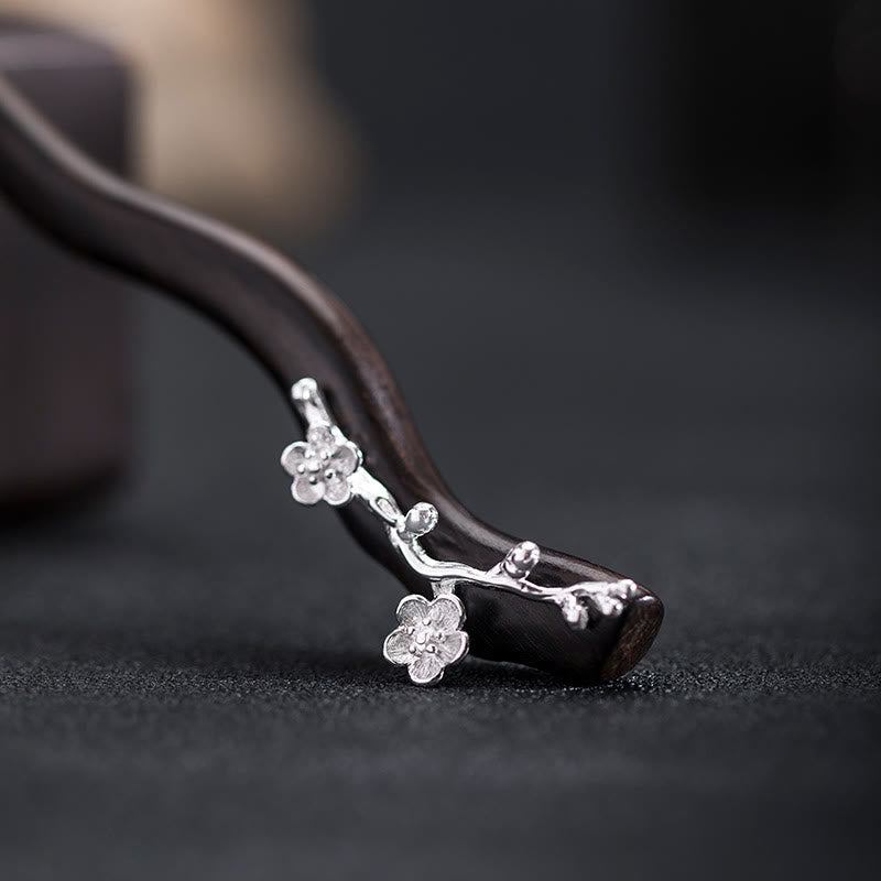 Épingle à cheveux en argent sterling 925 avec Buddha Stones , style chinois classique, en ébène, fleur de prunier, bénédiction - Épingle à cheveux en ébène à fleurs de prunier - image 0