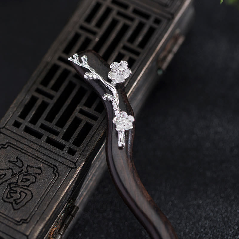 Épingle à cheveux en argent sterling 925 avec Buddha Stones , style chinois classique, en ébène, fleur de prunier, bénédiction - image 2