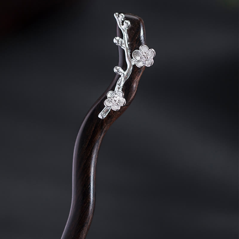 Épingle à cheveux en argent sterling 925 avec Buddha Stones , style chinois classique, en ébène, fleur de prunier, bénédiction