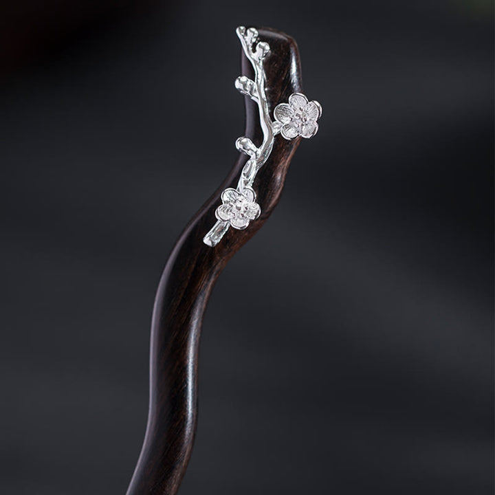 Épingle à cheveux en argent sterling 925 avec Buddha Stones , style chinois classique, en ébène, fleur de prunier, bénédiction