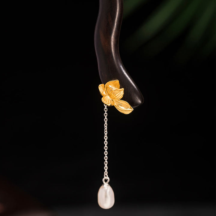 Épingle à cheveux en argent sterling 925 avec Buddha Stones , style chinois classique, fleur de lotus en ébène, perle, pompon, bénédiction