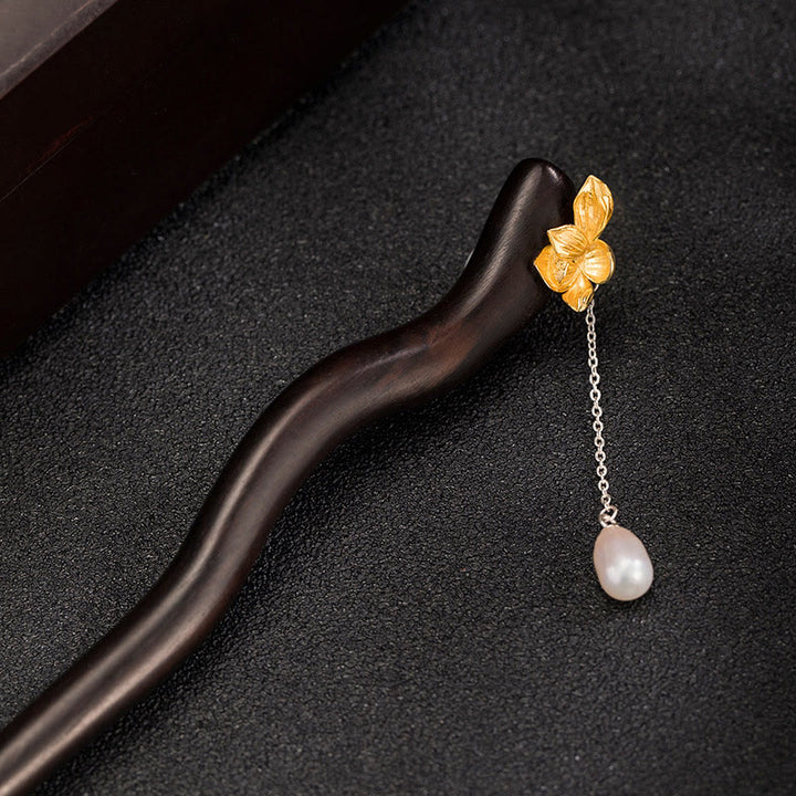 Épingle à cheveux en argent sterling 925 avec Buddha Stones , style chinois classique, fleur de lotus en ébène, perle, pompon, bénédiction