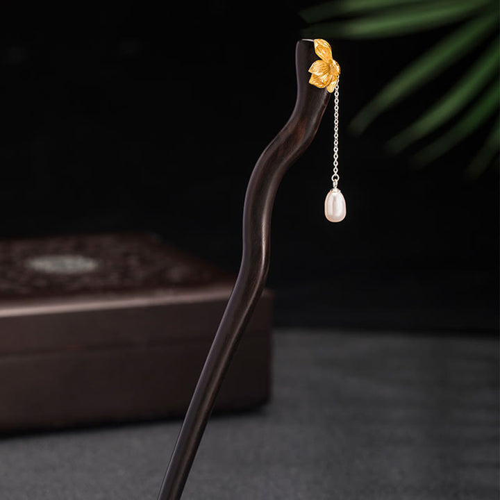 Épingle à cheveux en argent sterling 925 avec Buddha Stones , style chinois classique, fleur de lotus en ébène, perle, pompon, bénédiction