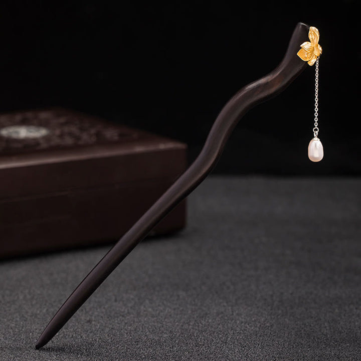 Épingle à cheveux en argent sterling 925 avec Buddha Stones , style chinois classique, fleur de lotus en ébène, perle, pompon, bénédiction