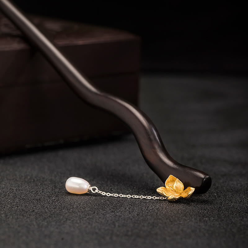 Épingle à cheveux en argent sterling 925 avec Buddha Stones , style chinois classique, fleur de lotus en ébène, perle, pompon, bénédiction - image 9