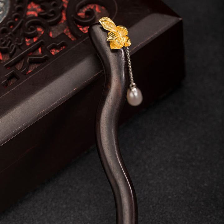 Épingle à cheveux en argent sterling 925 avec Buddha Stones , style chinois classique, fleur de lotus en ébène, perle, pompon, bénédiction - image 1