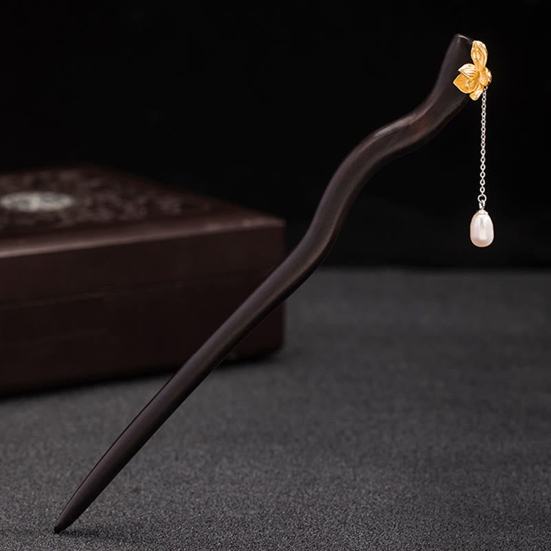 Épingle à cheveux en argent sterling 925 avec Buddha Stones , style chinois classique, fleur de lotus en ébène, perle, pompon, bénédiction - image 2