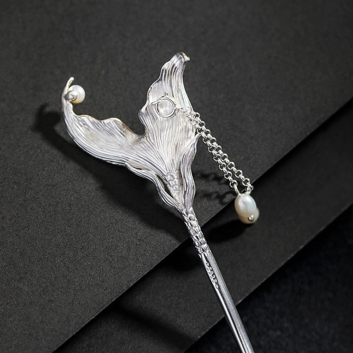 Épingle à cheveux en argent sterling 925 avec pompon en perles et queue de poisson de style chinois classique avec Buddha Stones - image 1