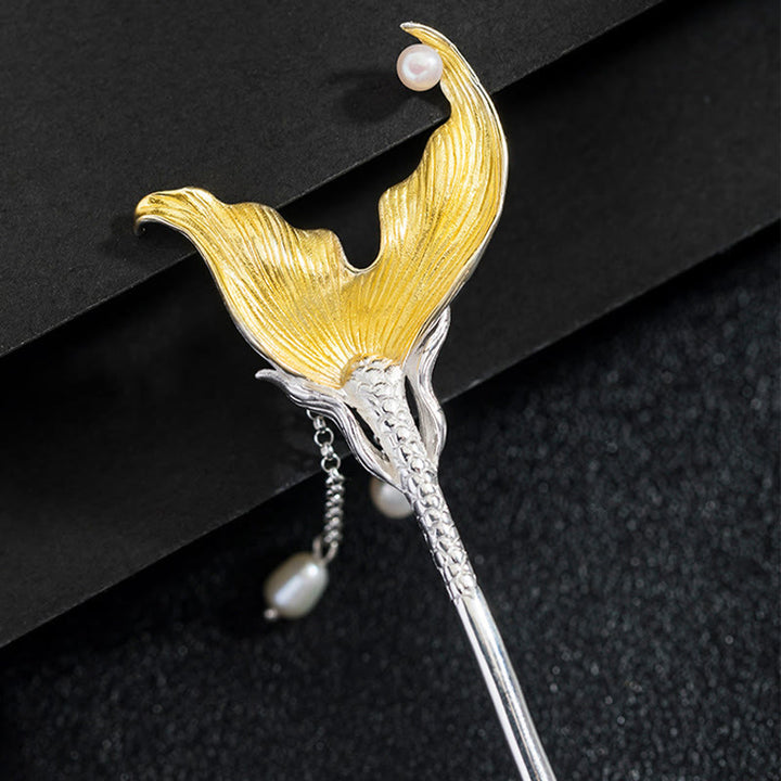 Épingle à cheveux en argent sterling 925 avec pompon en perles et queue de poisson de style chinois classique avec Buddha Stones - image 2