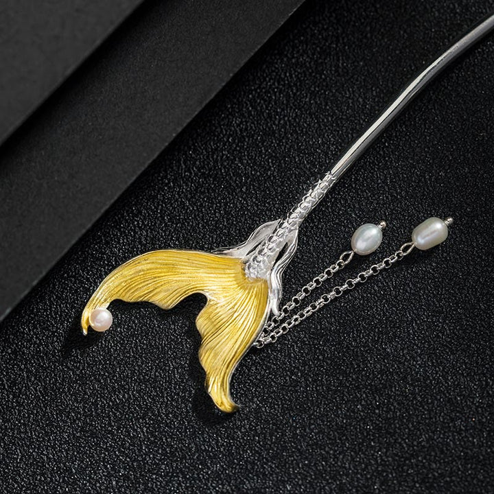 Épingle à cheveux en argent sterling 925 avec pompon en perles et queue de poisson de style chinois classique avec Buddha Stones - image 6