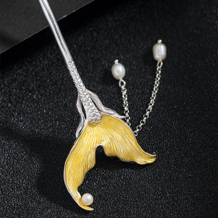 Épingle à cheveux en argent sterling 925 avec pompon en perles et queue de poisson de style chinois classique avec Buddha Stones - image 3