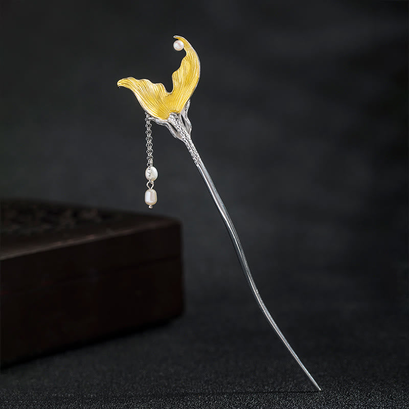 Épingle à cheveux en argent sterling 925 avec pompon en perles et queue de poisson de style chinois classique avec Buddha Stones - Épingle à cheveux en queue de poisson - image 0