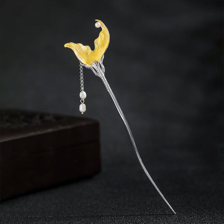 Épingle à cheveux en argent sterling 925 avec pompon en perles et queue de poisson de style chinois classique avec Buddha Stones - Épingle à cheveux en queue de poisson - image 0