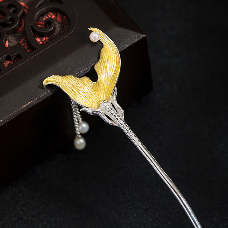 Épingle à cheveux en argent sterling 925 avec pompon en perles et queue de poisson de style chinois classique avec Buddha Stones - image 7