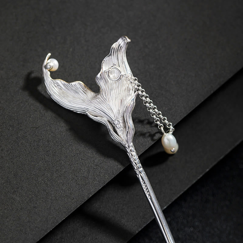 Épingle à cheveux en argent sterling 925 avec pompon en perles et queue de poisson de style chinois classique avec Buddha Stones - image 1