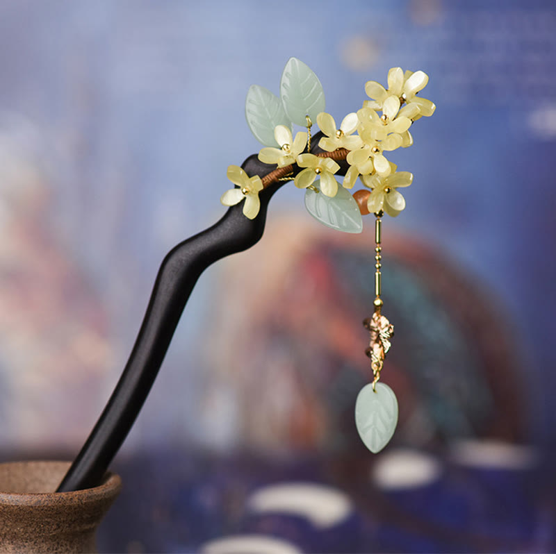 Épingle à cheveux en bois d'ébène naturel avec pompon et Buddha Stones