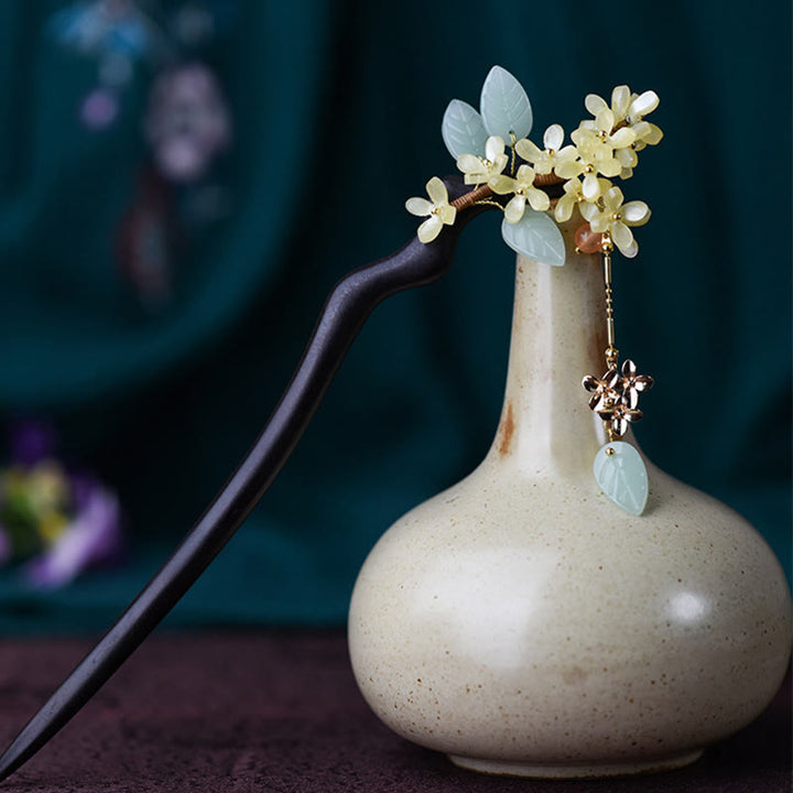 Épingle à cheveux en bois d'ébène naturel avec pompon et Buddha Stones
