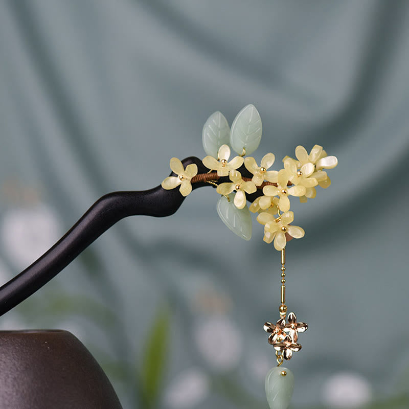 Épingle à cheveux en bois d'ébène naturel avec pompon et Buddha Stones
