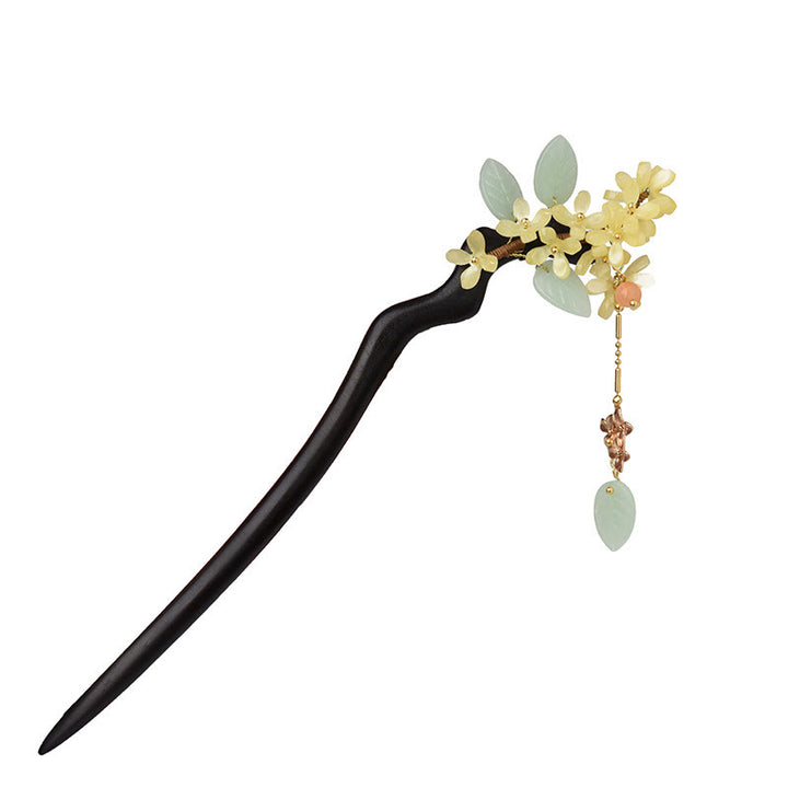 Épingle à cheveux en bois d'ébène naturel avec pompon et Buddha Stones