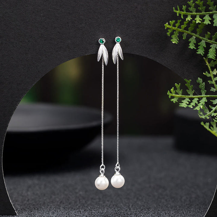 Buddha Stones d'oreilles pendantes en argent sterling 925 avec perles de zircon et feuilles de bambou