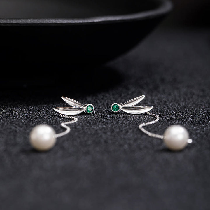 Buddha Stones d'oreilles pendantes en argent sterling 925 avec perles de zircon et feuilles de bambou - image 6