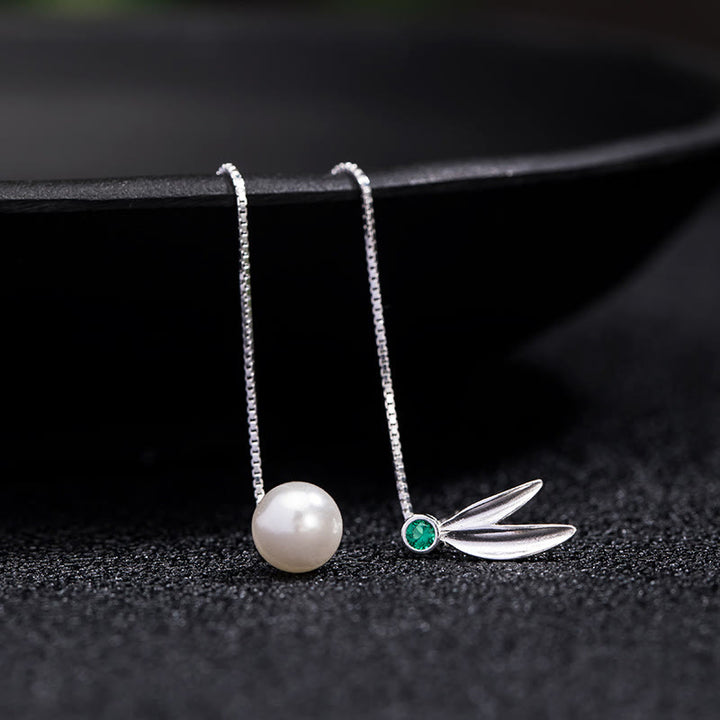 Buddha Stones d'oreilles pendantes en argent sterling 925 avec perles de zircon et feuilles de bambou - image 5