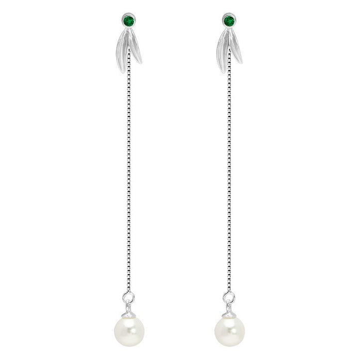 Buddha Stones d'oreilles pendantes en argent sterling 925 avec perles de zircon et feuilles de bambou