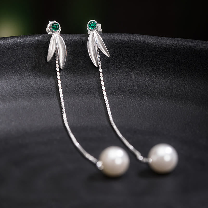 Buddha Stones d'oreilles pendantes en argent sterling 925 avec perles de zircon et feuilles de bambou