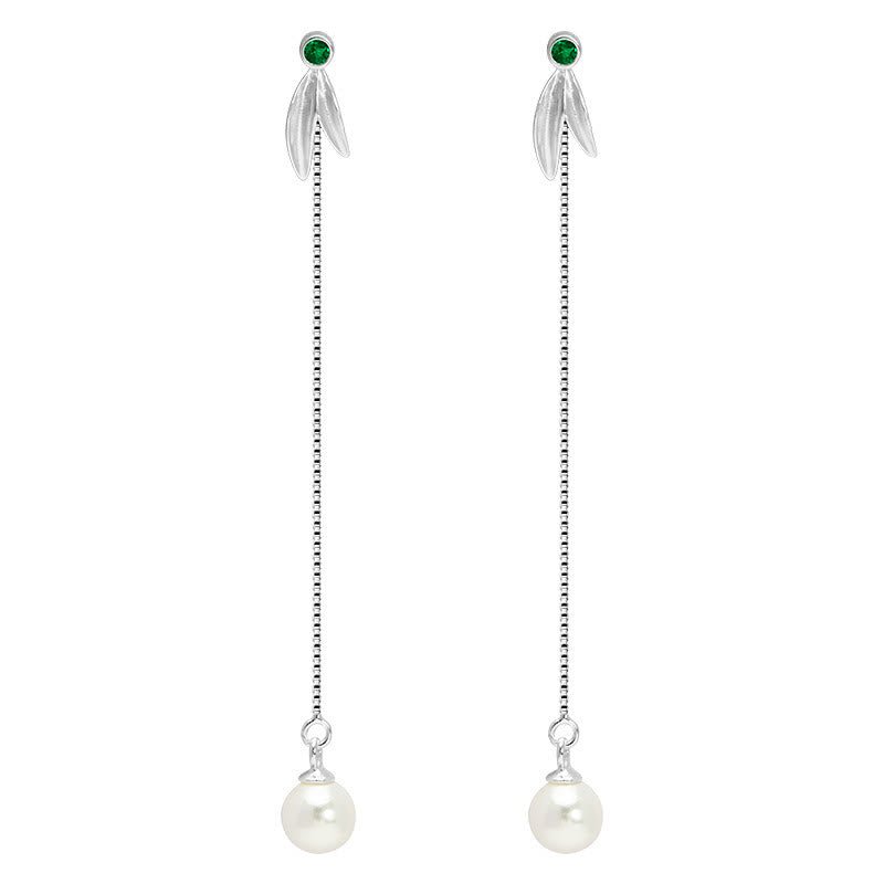Buddha Stones d'oreilles pendantes en argent sterling 925 avec perles de zircon et feuilles de bambou - image 7