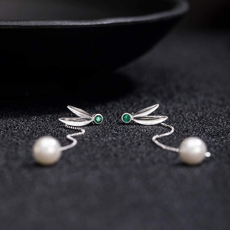 Buddha Stones d'oreilles pendantes en argent sterling 925 avec perles de zircon et feuilles de bambou - image 6