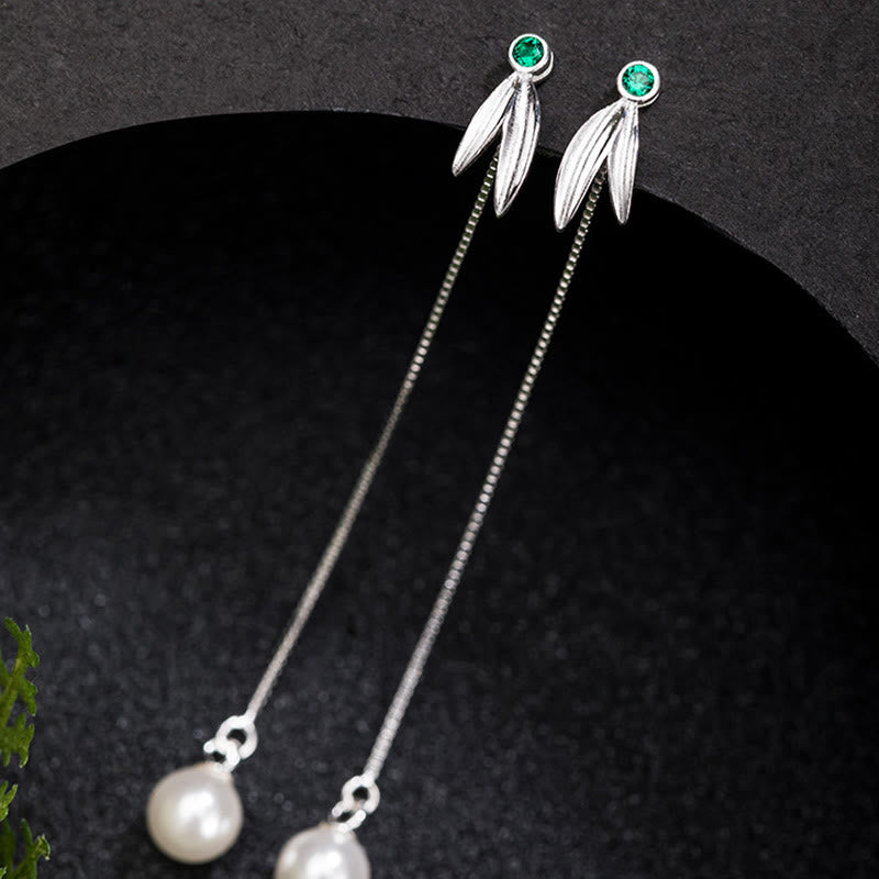 Buddha Stones d'oreilles pendantes en argent sterling 925 avec perles de zircon et feuilles de bambou