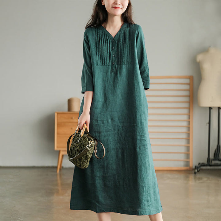 Robe midi Buddha Stones à plis accordéon, col en V, manches mi-longues et poches - image 2